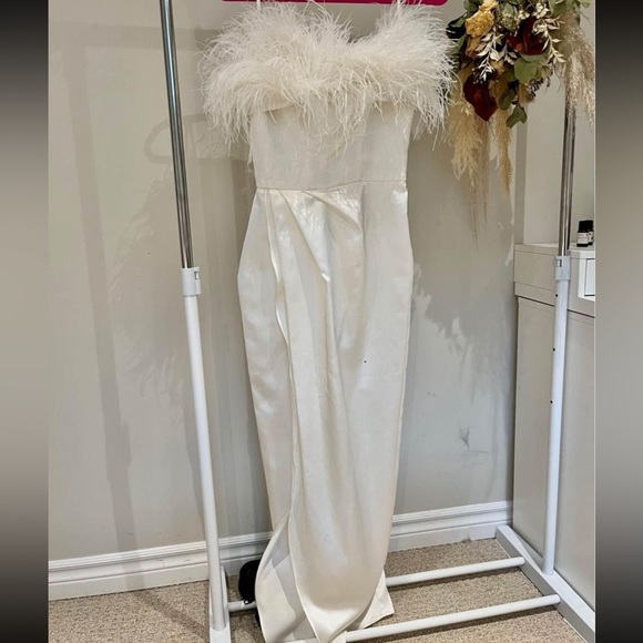White Silk Midi Dress with Feather Trim- SMALL - Picture 5 of 5
